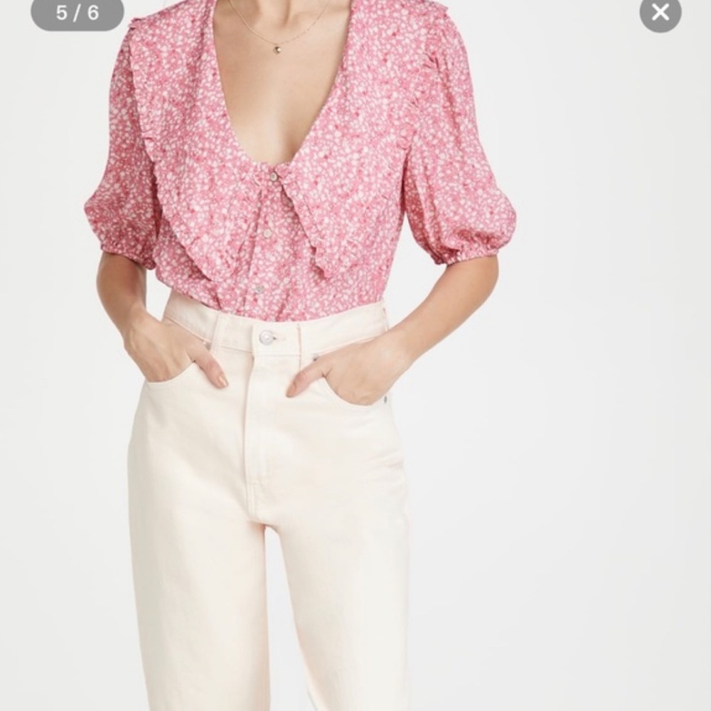 WAYF Amie Button Up Blouse Cherise Ditsy Floral XS cottagecore prairie - Picture 2 of 11